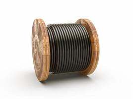 bobina de madeira de fundo branco isolado de cabo elétrico preto. ilustração 3D. foto