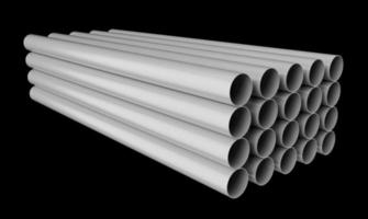 tubos de pvc empilhados no armazém. uma série de tubos brancos na ilustração 3d de fundo preto foto