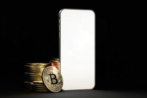 bitcoin e maquete de celular com fundo preto escuro - ilustrador de renderização 3d foto