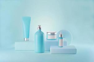 cosméticos para a pele azul com frasco de creme e soro e tubo de protetor solar na ilustração 3d do pódio foto