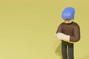 ilustração 3D de um homem usando um chapéu em pé com os braços cruzados para mostrar sua reação para transmitir significado foto