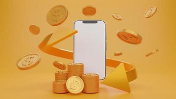 smartphone com display em branco e pilha de moedas, carteira digital. aplicativo móvel de compras, setas de ouro .cashback e bancário, economia de dinheiro. simular o espaço de cópia de tela vazia, isolar o fundo. renderização 3D. foto