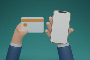 mão do empresário segurando smartphone e cartão de crédito, pagamento através de um smartphone, banco de celular, carteira móvel, fundo online shopping.isolated. ilustração de renderização 3D foto