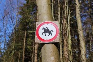 sinal de proibição para cavalos e cavaleiros amarrados a uma árvore em uma floresta. foto