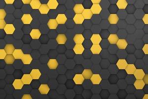 abstrato futurista vista superior mosaico de favo de mel marrom e fundo amarelo. ilustração 3d de células hexagonais geométricas realistas foto