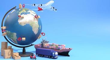 3d renderização golobal logística e ecossistema de transporte, elemento de logística e distribuição de produto ao cliente