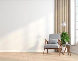quarto vazio em estilo minimalista com poltrona e parede branca. piso de madeira e planta verde interna. renderização em 3D foto