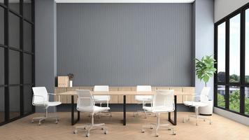 moderna sala de reuniões com mesa e cadeiras de conferência, parede de ripas cinza e armário de madeira embutido. renderização em 3D
