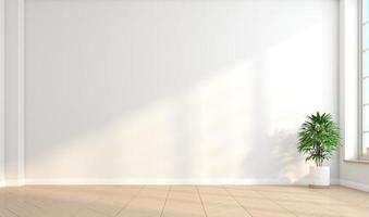 quarto vazio minimalista com parede branca e piso de madeira e plantas verdes internas. renderização em 3D foto