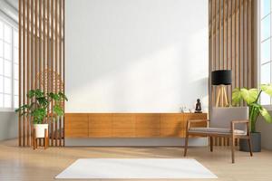 armário de madeira para tv na parede de ripas de madeira na sala com design minimalista. renderização em 3D foto