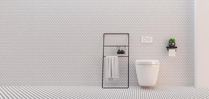 banheiros minimalistas. design de estilo moderno com telha hexágono branco. renderização em 3d foto
