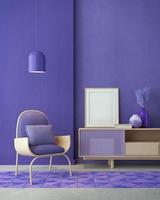 quarto violeta muito peri.chair, armário de tv, lâmpada e tela em branco. design moderno interior. renderização em 3d foto