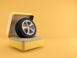 pneu e jante de liga em caixa de anel com fundo amarelo. renderização em 3d foto