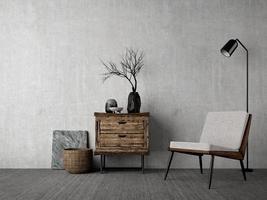 maquete interior estilo wabi-sabi com cadeira, mesa, vaso e lâmpada de assoalho no fundo da parede grunge. renderização em 3d foto