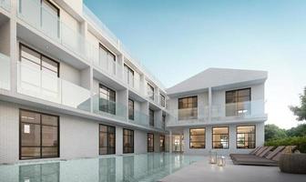 hotel branco moderno de luxo com piscina espreguiçadeira no terraço para casa de férias ou hotel renderização em 3d foto