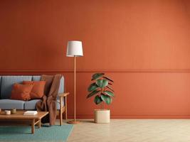 maquete vermelha sala interior com candeeiro de mesa de sofá e cópia espaço. renderização em 3d foto