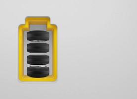 ícone de bateria com 4 pneus dentro em fundo branco. conceito de potência do carro. renderização em 3d foto