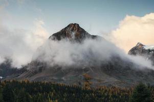 montanhas rochosas com neblina na floresta de outono no parque provincial de assiniboine foto