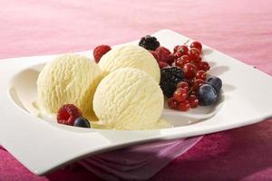 sorvete de baunilha e variedade de frutos silvestres