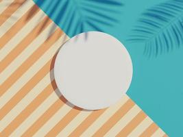 Vista superior de renderização 3D do quadro de cilindro em branco branco para simular e exibir produtos com sombras de folhas de palmeira com fundo de verão. foto