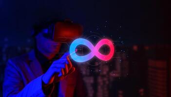 realidade virtual símbolo do infinito conexão da comunidade do sistema de tecnologia de rede global do mundo metaverso e elemento de sinal de loop abstrato na comunicação digital de inovação foto