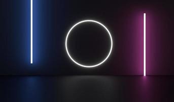 sala de ficção científica vazia com círculo branco e tubo de néon roxo azul luz brilhante no conceito de tecnologia de fundo escuro abstrato, renderização em 3d, ilustração foto