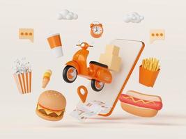 aplicativo de entrega de comida on-line no celular, ilustração 3d foto