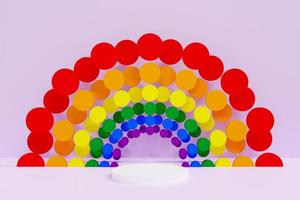 3D render para produto em fundo de exibição vazio, símbolo de amor lgbtq com vitrine vazia de pódio. mês do orgulho, símbolo de paz, fundo de cor do arco-íris foto