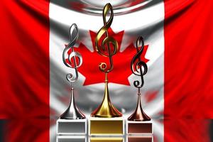 prêmios de clave de sol para ganhar o prêmio de música no contexto da bandeira nacional do canadá, ilustração 3d. foto