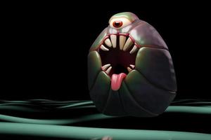 Ilustração 3D de um monstro verde caolho assustador em um fundo escuro e isolado. monstro engraçado para design infantil foto