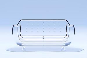 ilustração 3D de sofá transparente em um estilo retrô dos anos 60 em um fundo azul foto