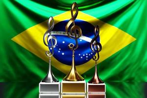 prêmios de clave de sol para ganhar o prêmio de música no contexto da bandeira nacional do brasil, ilustração 3d. foto