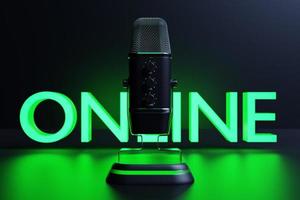Ilustração 3D, microfone rosa retrô com placa verde neon on-line em fundo preto. prêmio de música, karaokê, rádio e equipamentos de som de estúdio de gravação foto