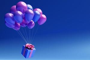 Presente de ilustração 3D em uma linda caixa de embalagem roxa, um laço de fita de cetim voa com a ajuda de balões edificantes em um fundo azul. parafernália festiva, conjunto de presente. foto