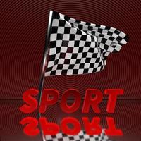 Close-up de ilustração 3D de uma bandeira com um padrão de xadrez para o início da corrida com o esporte de inscrição em um fundo vermelho. bandeira de fim de competição. foto