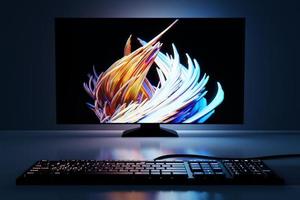 computador pessoal poderoso. desktop aconchegante para gamer, monitor com teclado rgb iluminado com luz azul e neon. foto
