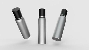 spray de alumínio em branco pode tampa preta isolada no fundo branco, lata de spray aerossol, ilustração 3d de garrafa de metal foto