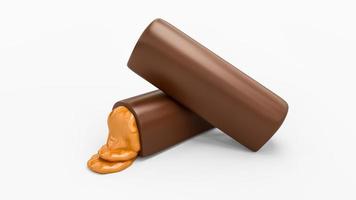 barra de chocolate com derretimento de caramelo doce, barra de chocolate quebrada com recheio de caramelo ilustração 3d foto