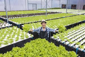 feliz agricultor local asiático cultivando sua própria salada de alface na estufa usando sistema de água hidropônica em abordagem orgânica para negócios próprios da família foto