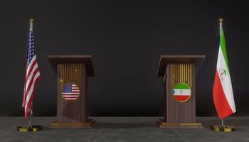 bandeiras dos EUA e da Guiné Equatorial. EUA e bandeira da Guiné Equatorial. negociações dos EUA e da Guiné Equatorial. tribuna para discursos. trabalho 3d e imagem 3d foto