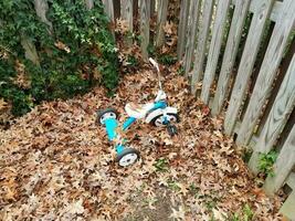 triciclo azul e branco em folhas marrons e cerca de madeira foto