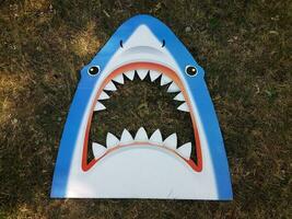 cabeça de tubarão azul com dentes na grama foto