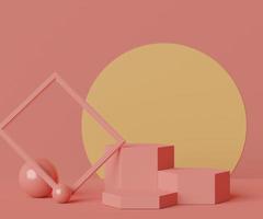 formas geométricas 3D. pódio cilíndrico na cor rosa coral. palco de desfile de moda, pedestal, vitrine com tema colorido. cena mínima para exibição do produto. foto