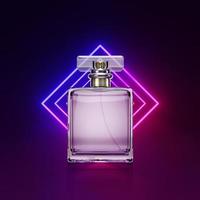 frasco de perfume em uma renderização 3d de fundo, linhas brilhantes, túnel, luzes de neon foto