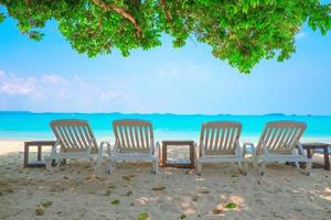 fileira de cadeiras com árvore em uma bela praia tropical relaxante tempo de férias