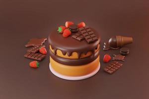 bolo de chocolate derretendo ingrediente caseiro com fundo de cobertura de morango vermelho para ilustração 3d de publicidade