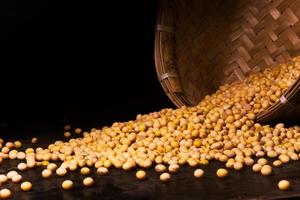 foto de sementes de soja derramando de seu recipiente em um fundo preto. adequado para elementos de design de produtos agrícolas, alimentos saudáveis e alimentos orgânicos.