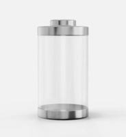 bateria vazia de vidro de carregamento de bateria transparente brilhante com tampas de metal na ilustração 3d de fundo branco foto