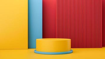 sala 3d abstrata com pódio de pedestal de cilindro azul, amarelo e vermelho realista definir cena mínima para apresentação de exibição de produto ilustração 3d foto