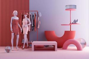 manequins de roupas um cabide cercado por bolsa e suporte de mercado com forma geométrica no chão na cor rosa e azul. renderização em 3D foto